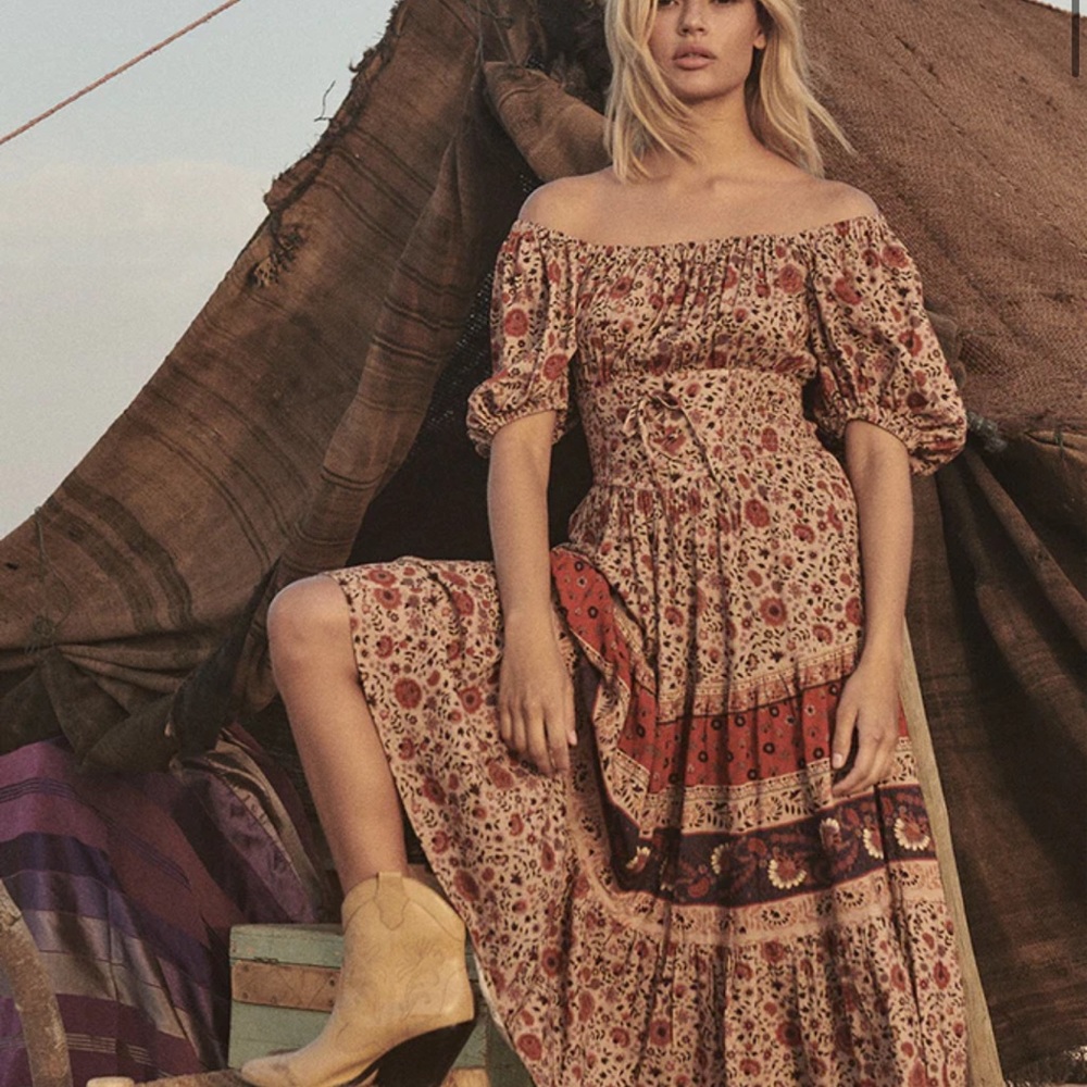 Spell Off-Shoulder Midi Dress in Cream and Rust Floral